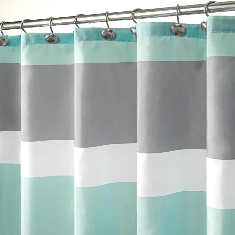 Sunlit Aqua Blue Gray Horizontal Stripes Water-Repellent Fabric Shower Curtain with Reinforced Metal Grommets Refreshing Striped Design Bathroom Decor - Image 2